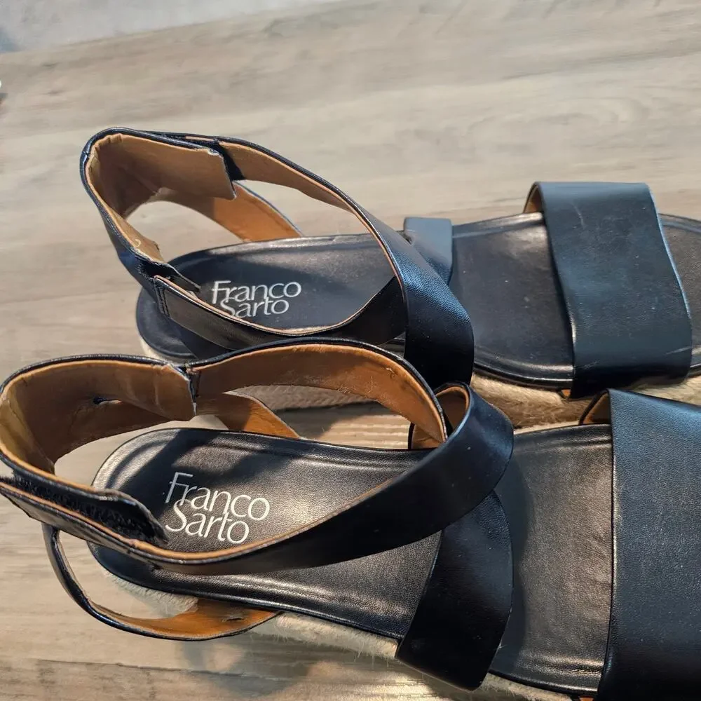 Franco Sarto Tabatha Espadrille Womens Size 9.5 Black Sandals Leather Platform